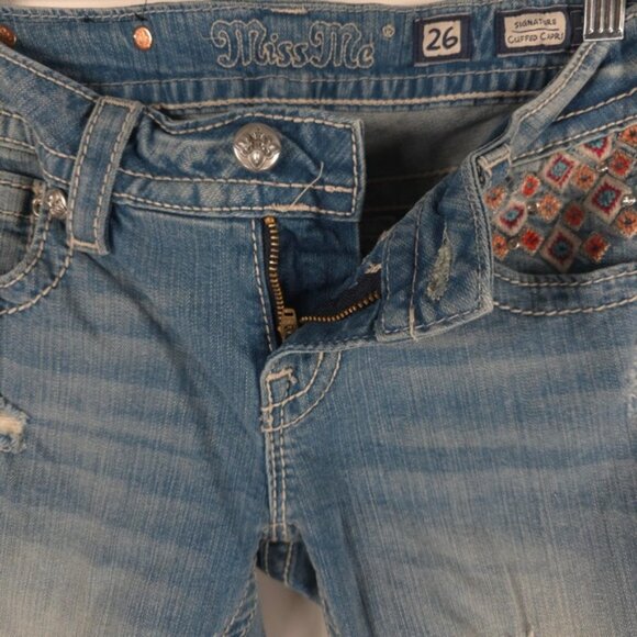 Miss Me Jeans SIGNATURE CUFFED CAPRI Crop Distressed Embellishment JP8229P Sz 26 - Picture 9 of 16
